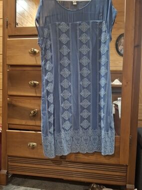 Sundance Blue Embroidered Midi Dress with Sheer Yoke